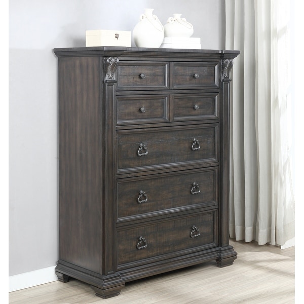 Roundhill Furniture Farson Distressed Dark Walnut Finish Wood Panel Bed， Dresser， Mirror， Nightstand， Chest - - 33084961