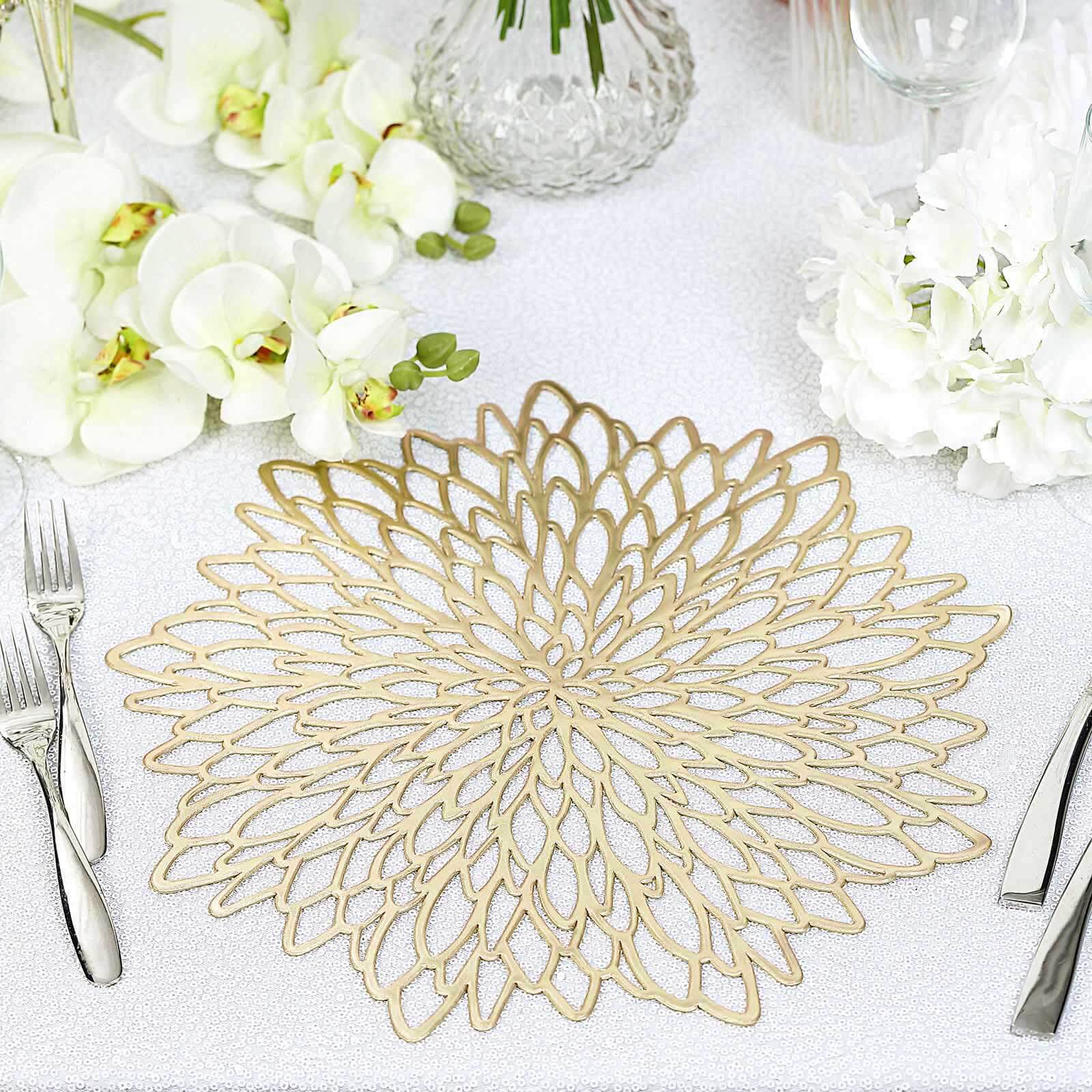 6 Pack Gold Decorative Floral Vinyl Placemats, Non-Slip Round Dining Table Mats 15