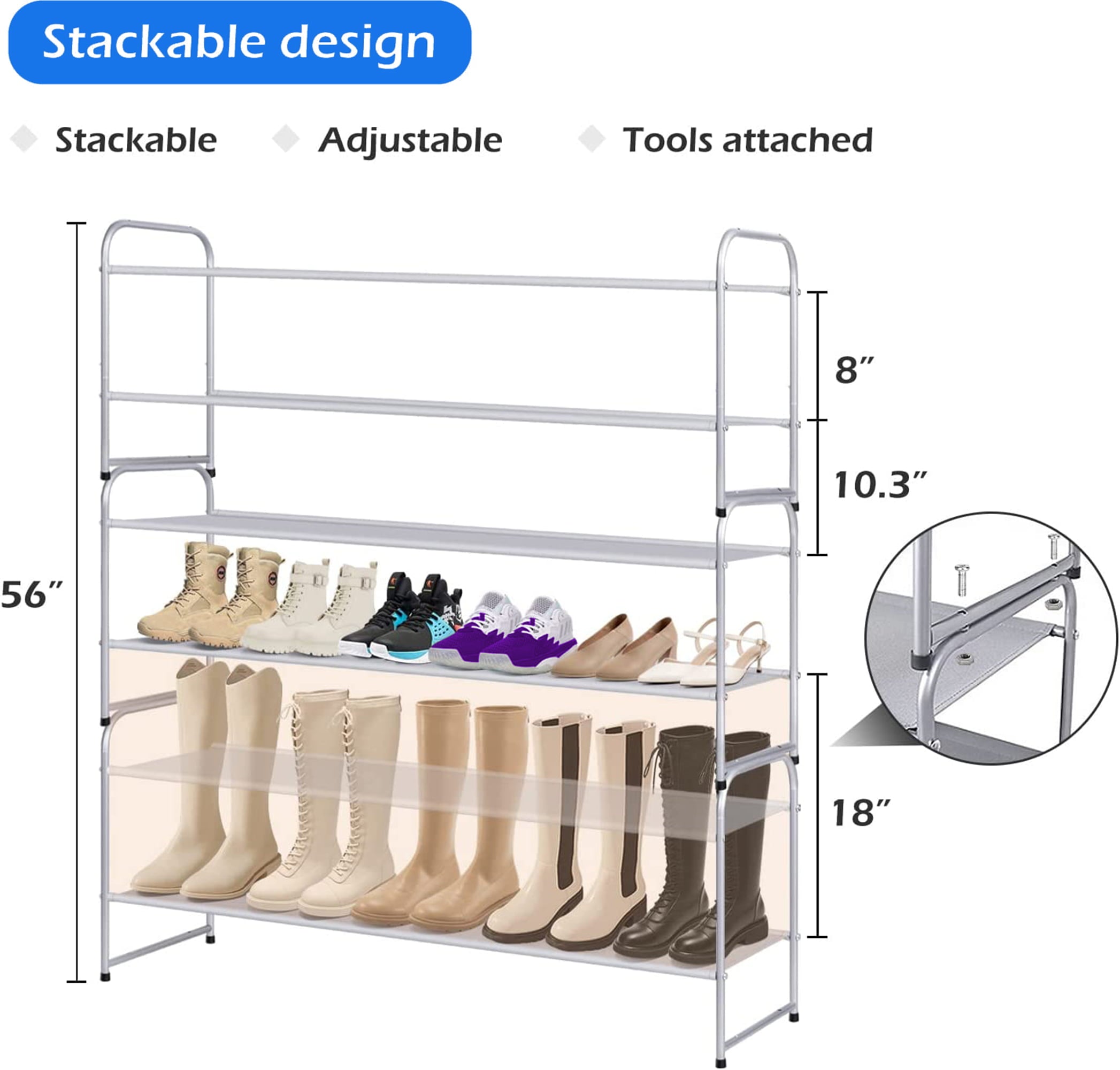 MISSLO 2 Tier Stackable Long Shoe Rack 18 Pairs Metal Shoe Storage Shelf Fabric Organizer for Closet Entryway Bedroom， Grey