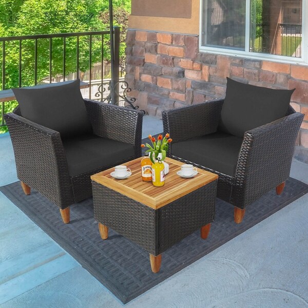 3 Pieces Patio Rattan Bistro Furniture Set with Wooden Table Top