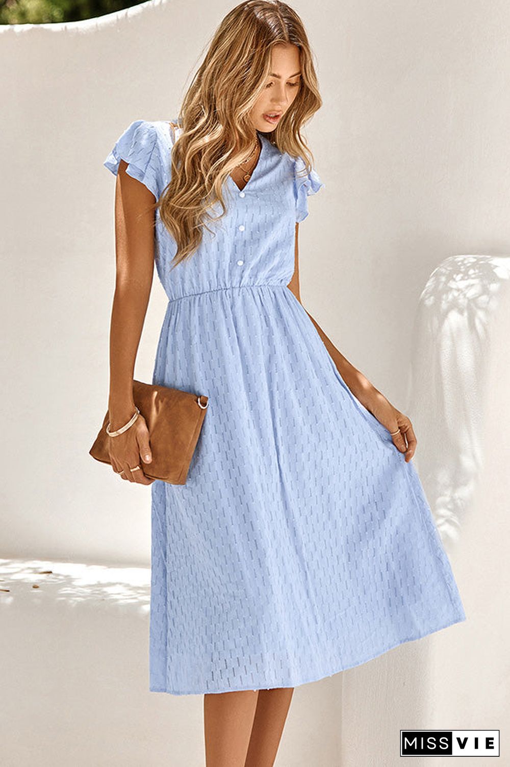 Ruffled Short Sleeve V Neck Casual Dress