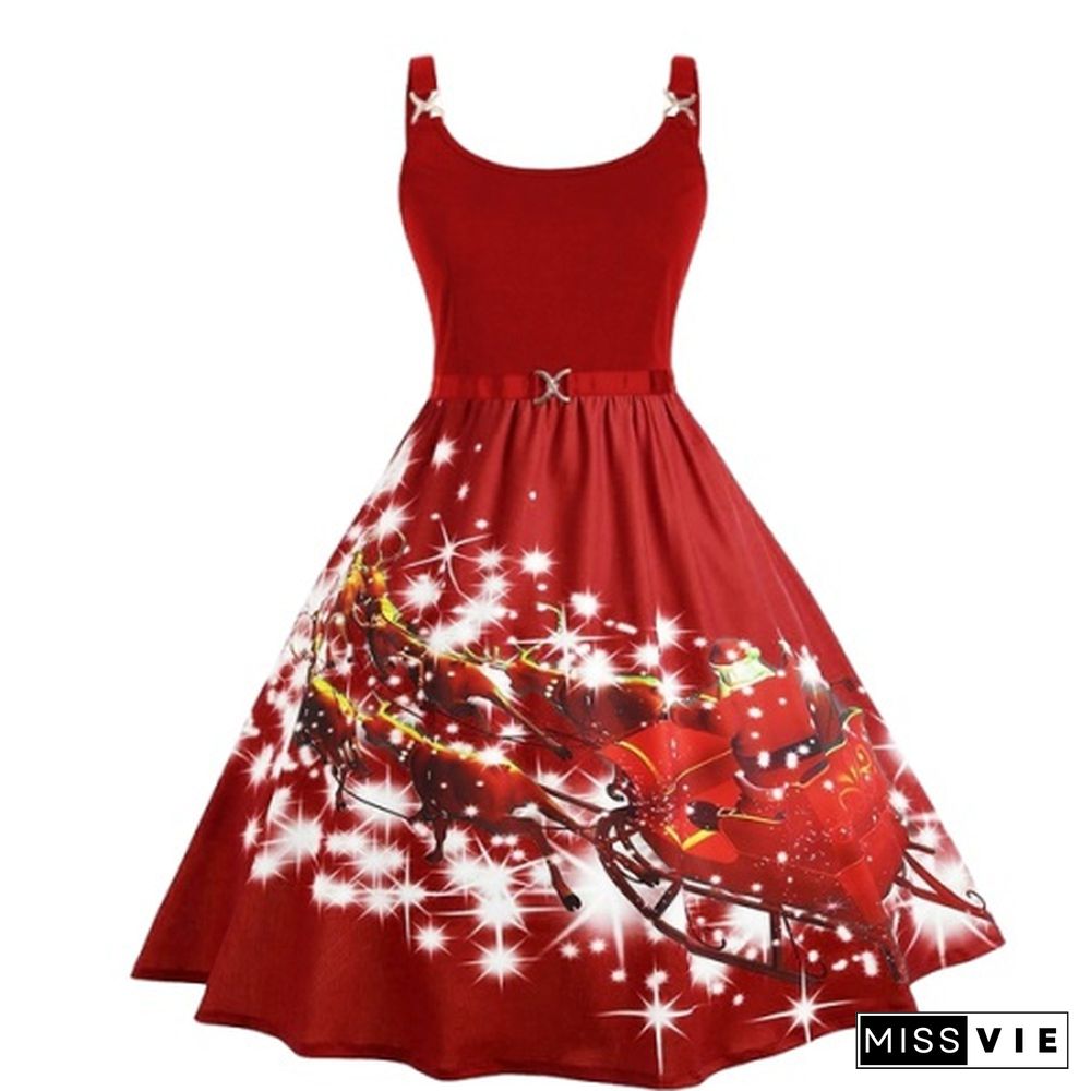 Plus Size Fashion Women Pumpkin Elk Santa Print Dress Autumn and Winter Halloween Christmas Costume Sleeveless Dresses Casual Swing Party Dress