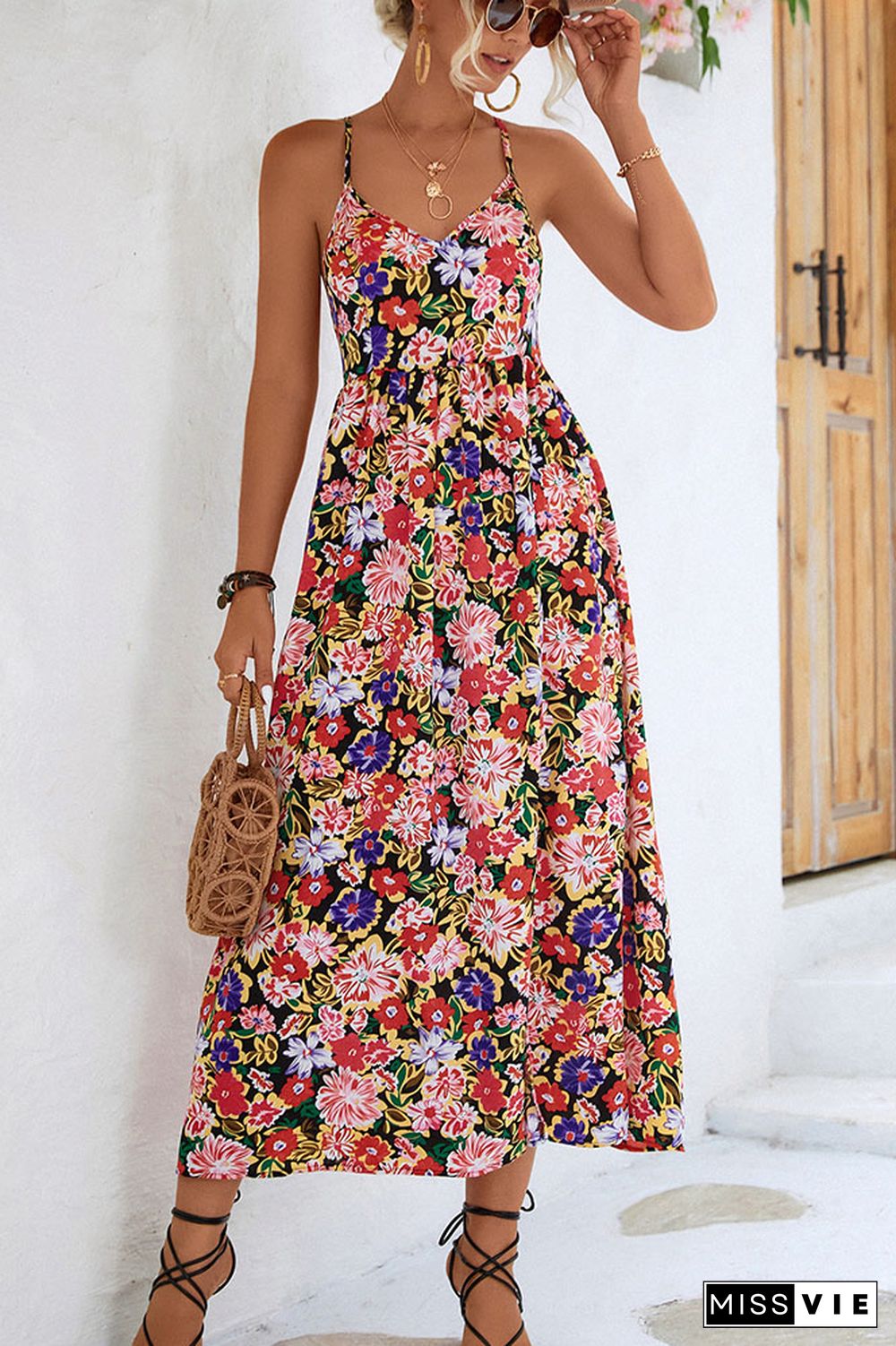 Backless Split Spaghetti Floral Dress