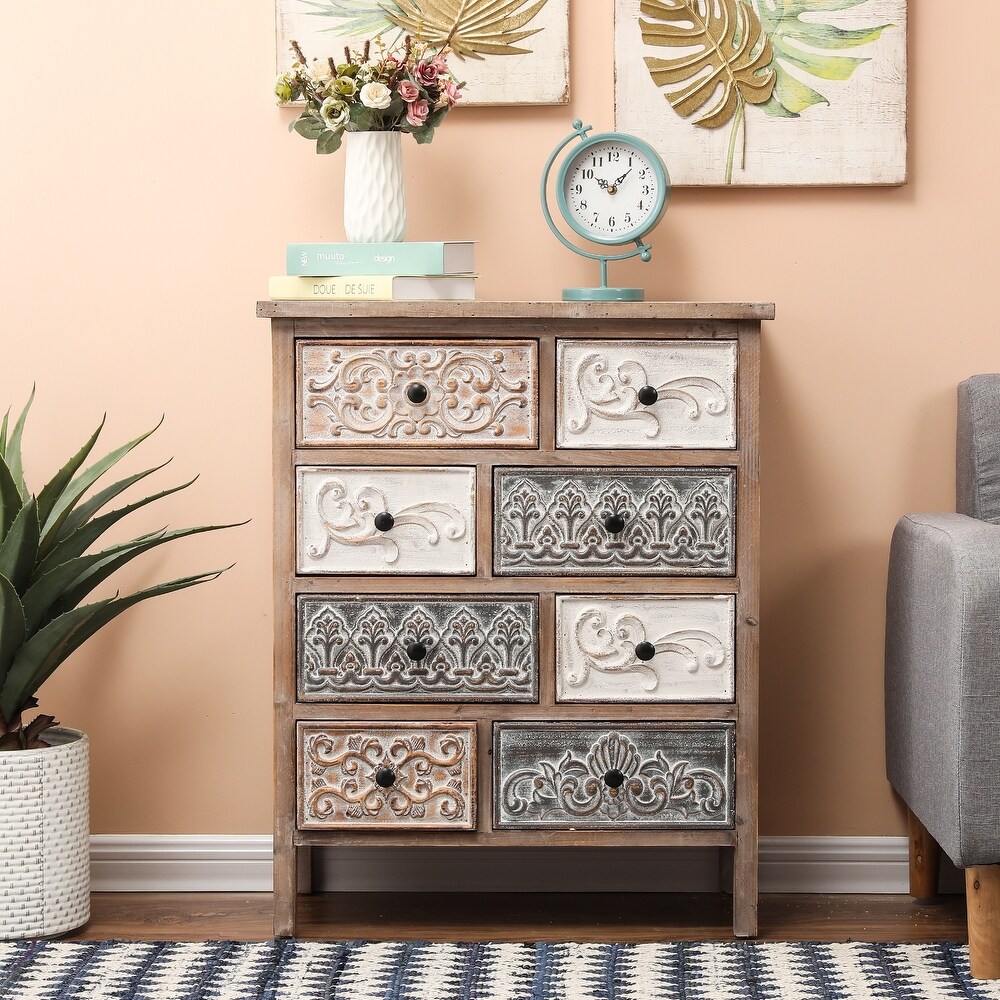 The Curated Nomad Brewa Varied Rustic Carved Wood 8 Drawer Chest   32.09\