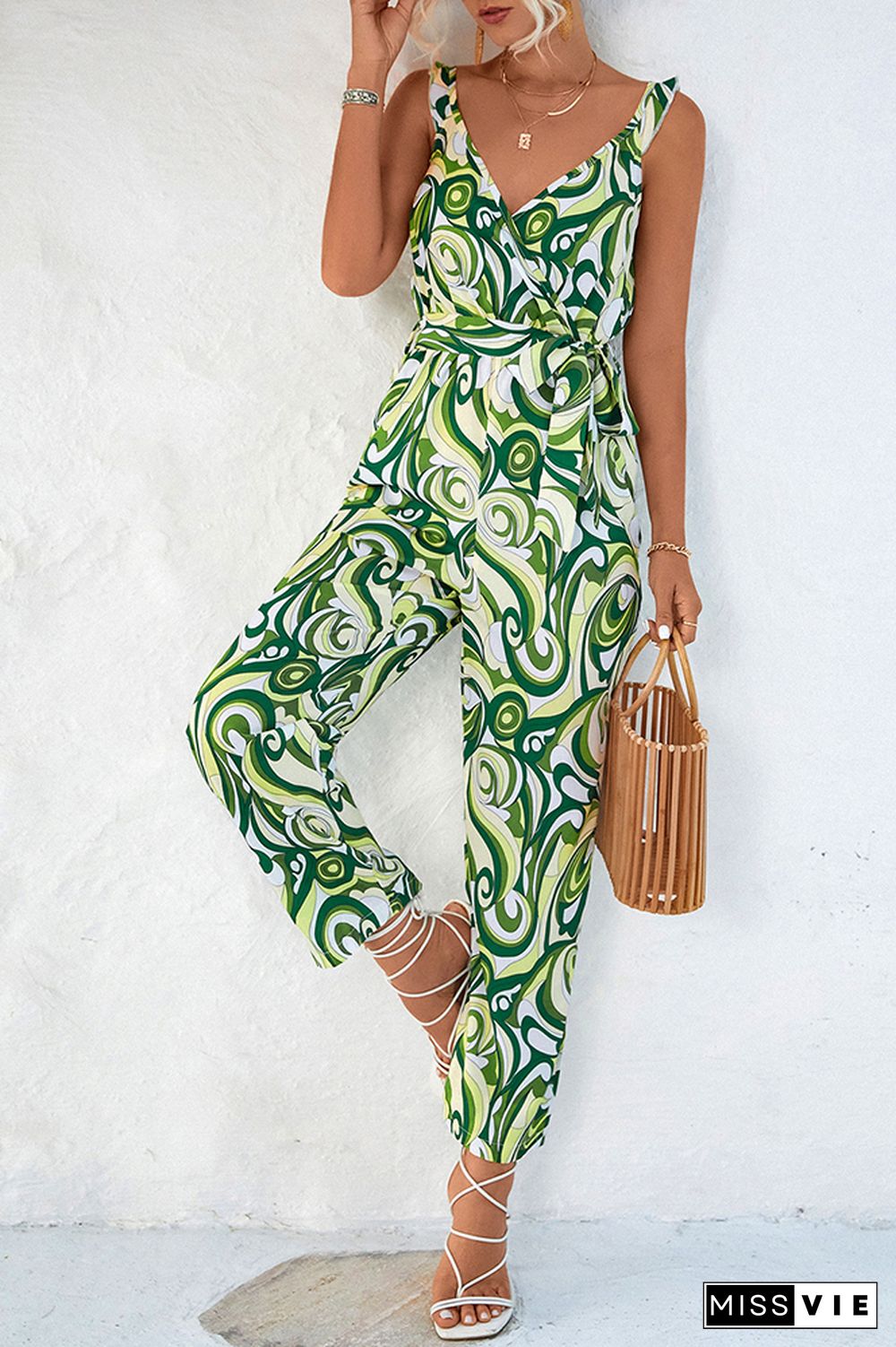 V Neck Ruffles Strap Printed Sleeveless Jumpsuit