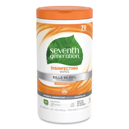 Unilever Seventh Generation Botanical Disinfecting Wipes | Lemongrass Citrus， 1-Ply， White， 7 x 8， 70 Wipes | SEV22813