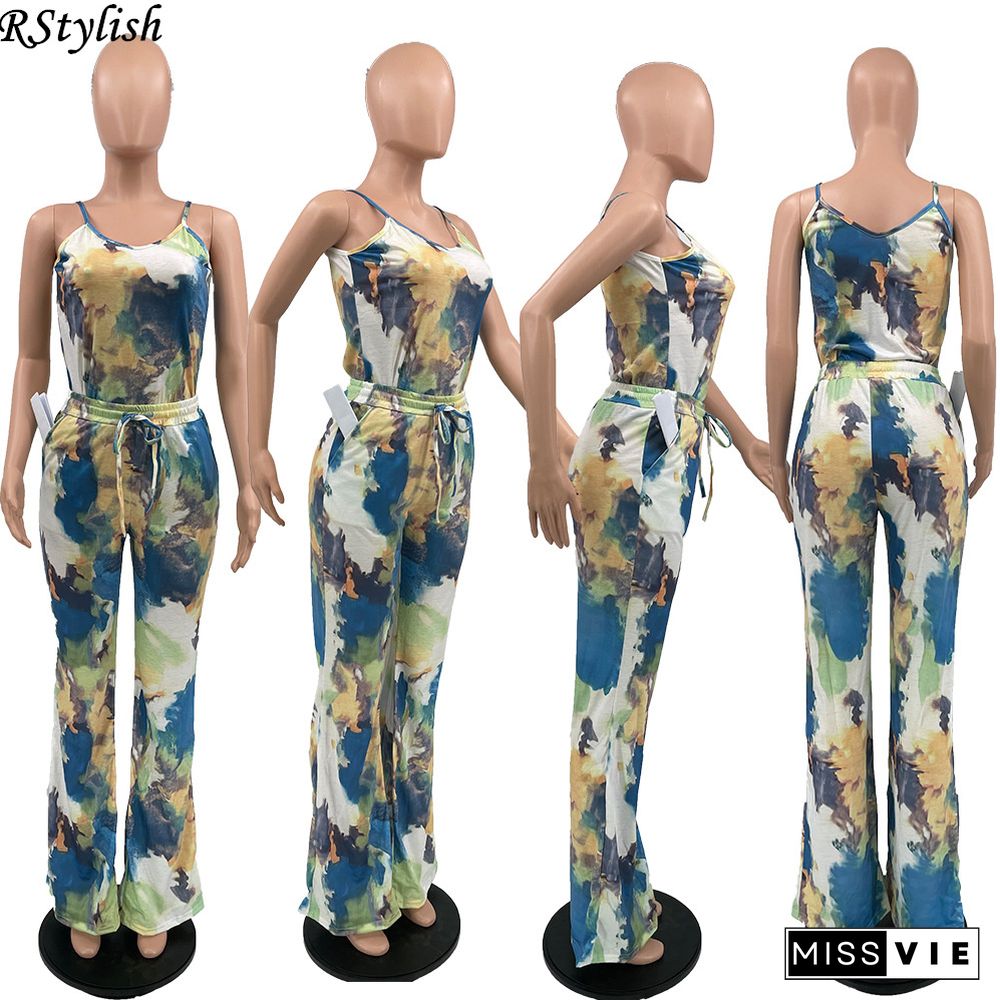 Tie Dye Sexy Spaghetti Strap Top High Waist Long Pants 2 Piece Set