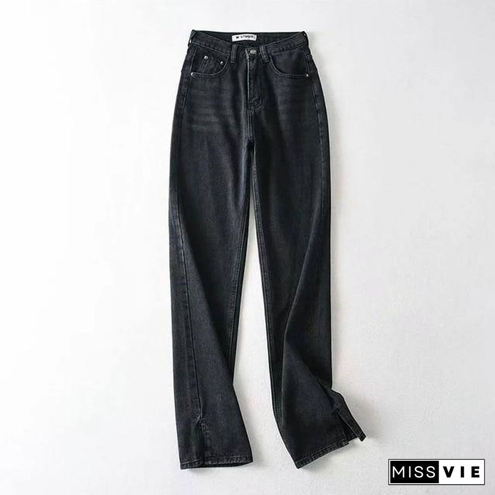 MosiMolly Washed Denim Pants Jeans Women Boyfriend Jeans Casual Pants Split Long Pants Bottom Black Jeans