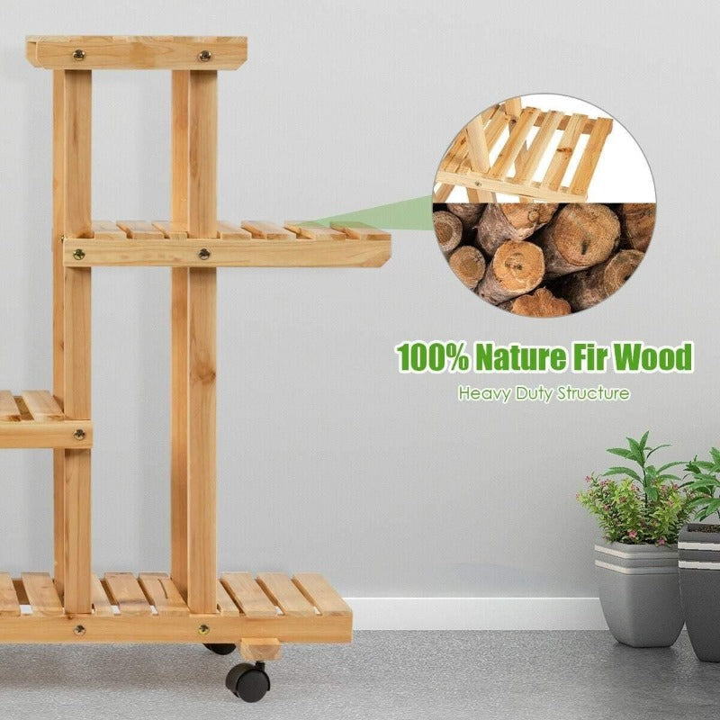 4 Tier Wood Plant Stand Rolling Flower Rack with 4 Wheels