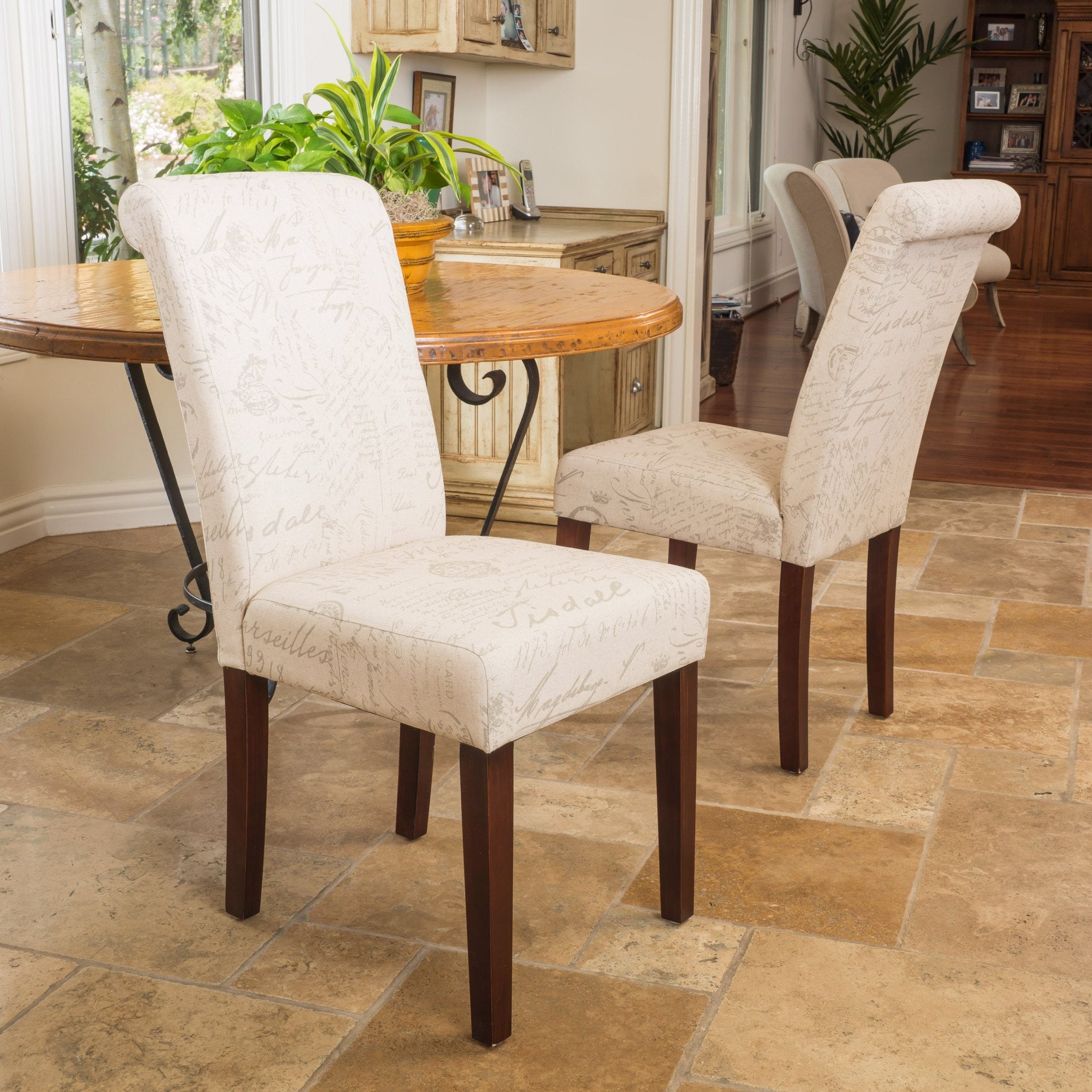 Cosette Script Printed Beige Linen Dining Chairs (Set of 2)