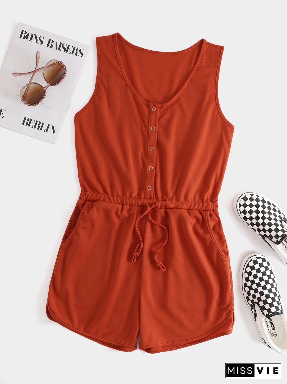 Snap Button Drawstring Front Sleeveless Romper With Pocket