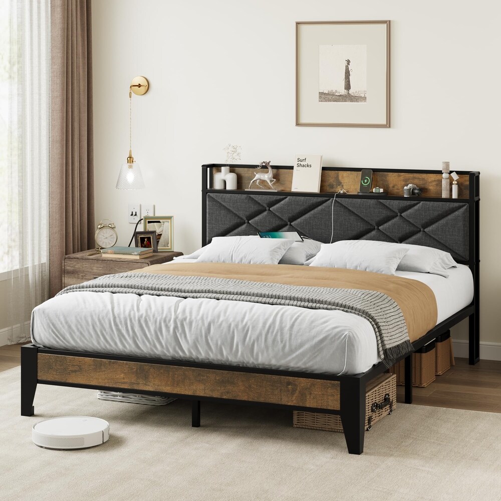 Upholstered Metal Platform Bed with Charging Station and Storage Shelf