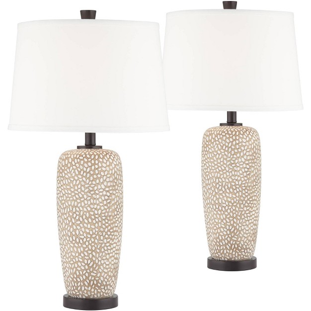 Tall Modern Coastal Table Lamps Set Of 2 Beige Pebbled White Shade Living Room Bedroom Bedside Nightstand House Office