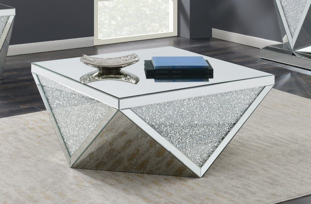 Amore Square Coffee Table With Triangle Detailing Silver and Clear Mirror   Modern   Coffee Tables   by Modon  Houzz