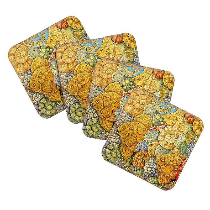 Fish Coastal Art Wooden Cork Coasters Gift Set of 4 by Nature Wonders