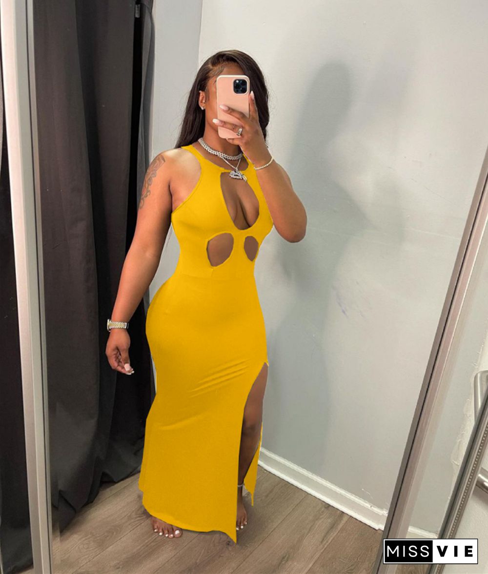 Solid Color Hollow Out Side Slit Sleeveless Dresses