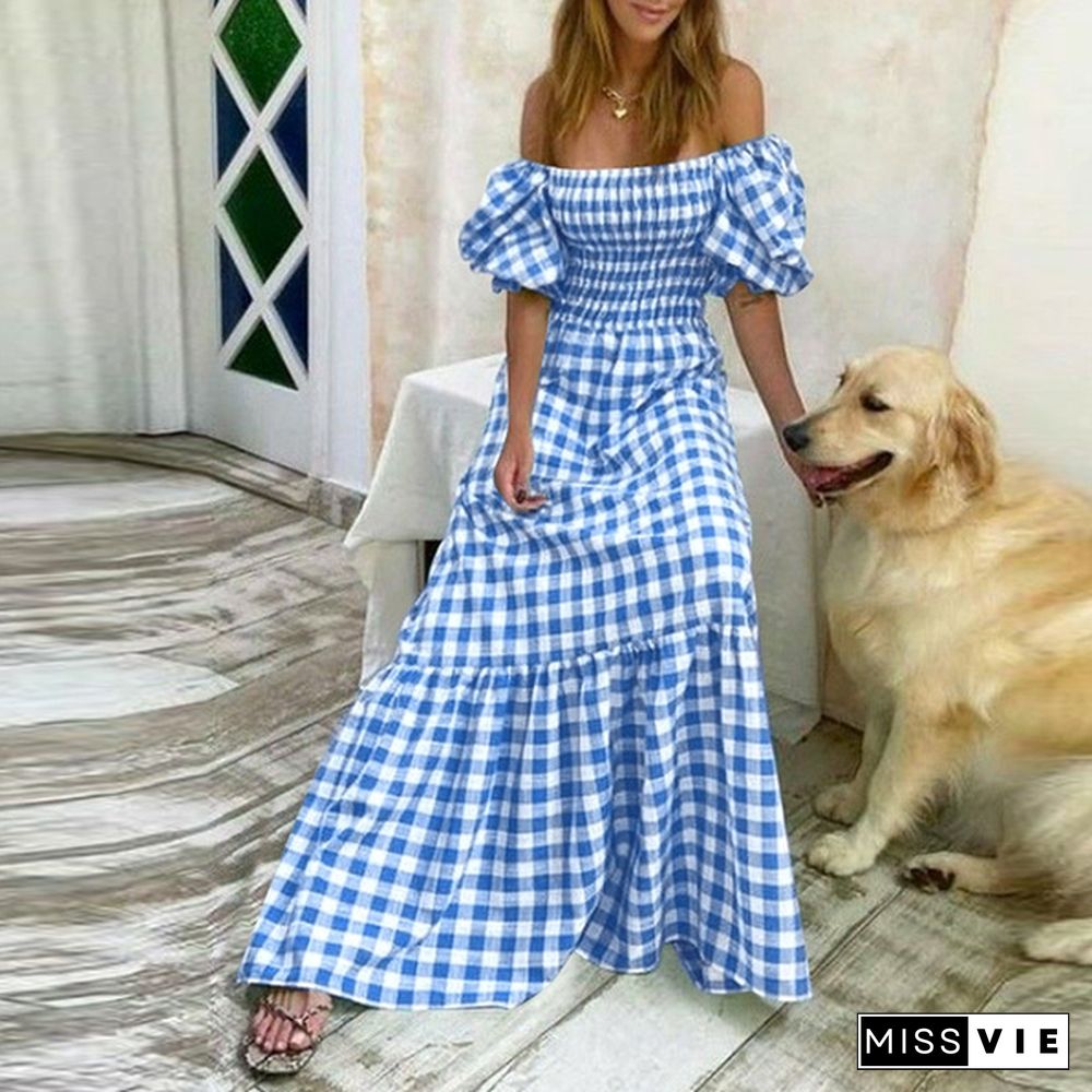 Plus Size Women Puff Square Neck Full-length Checked Plaid Dress Summer Holiday Maxi Dress Party Dress Vestidos