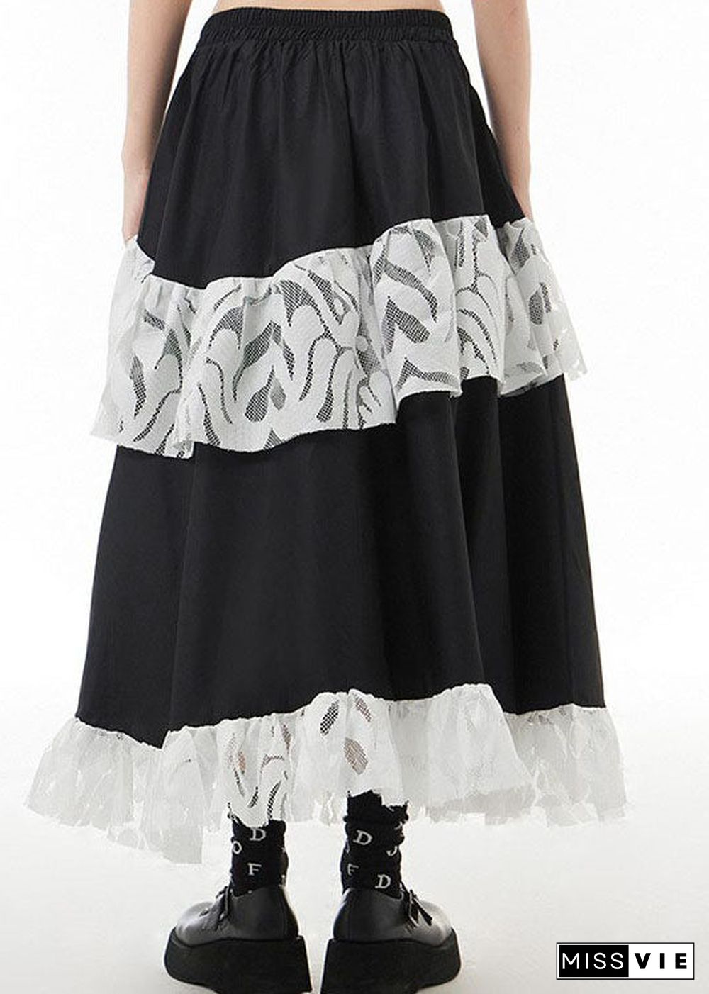 Fashion Black elastic waist Lace Patchwork Skirts Spring