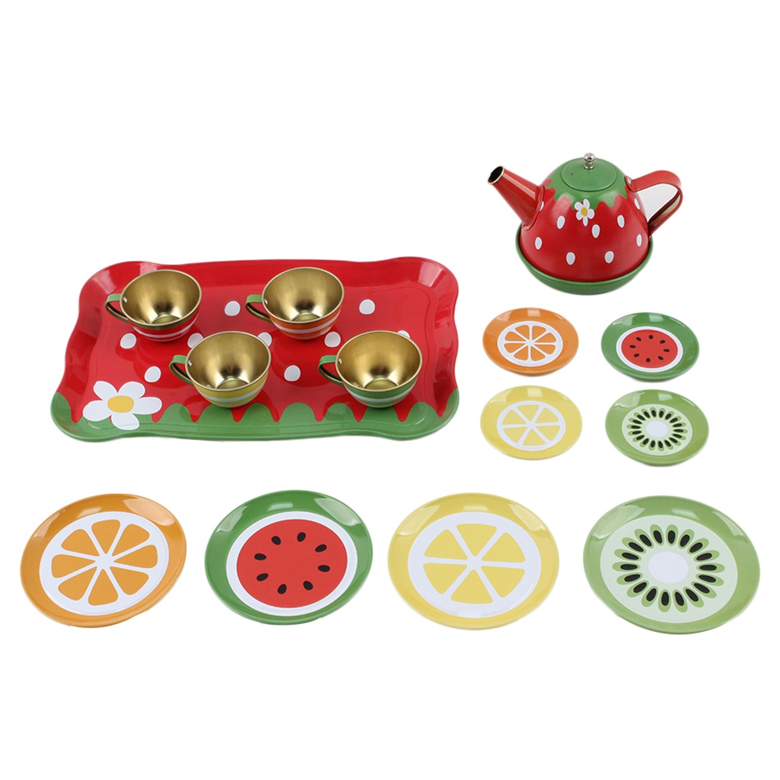 Vokodo Kids Fruit Themed Pretend Play Tea Set 14 Piece Durably Built From Food-Safe Material BPA-Free Kitchen Playset Perfect Early Learning Preschool Toy Great Gift For Children Girls Boys Toddlers