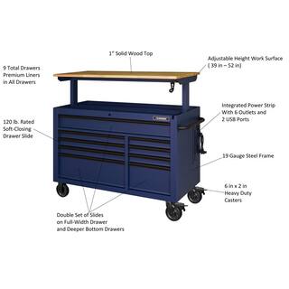 Husky 52 in. W x 25 in. D Heavy Duty 9-Drawer Mobile Workbench Tool Chest with Adjustable-Height Solid Wood Top in Matte Blue HOLC5209BL1M