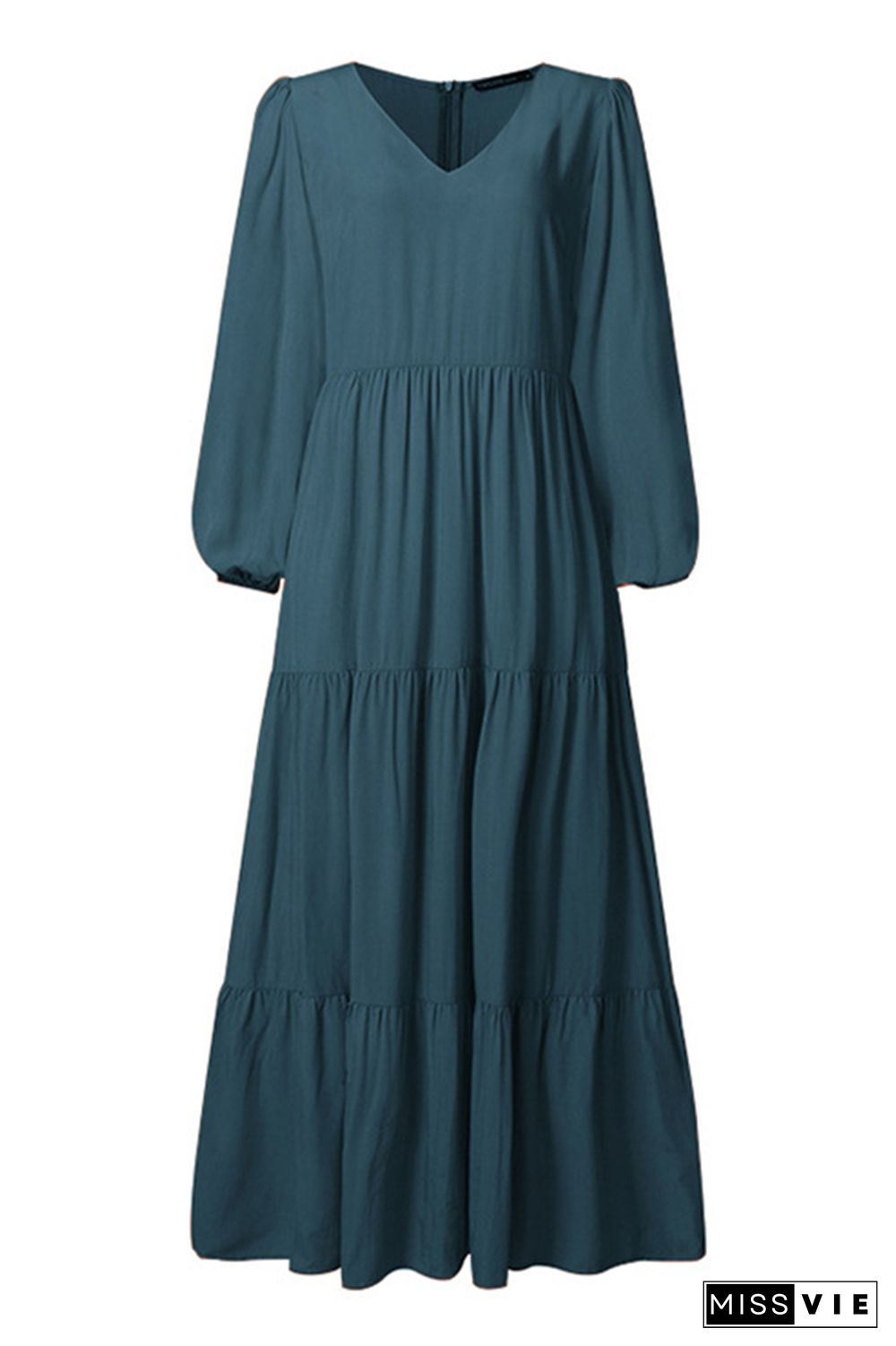 V Neck Puff Sleeves Tiered Maxi Dress