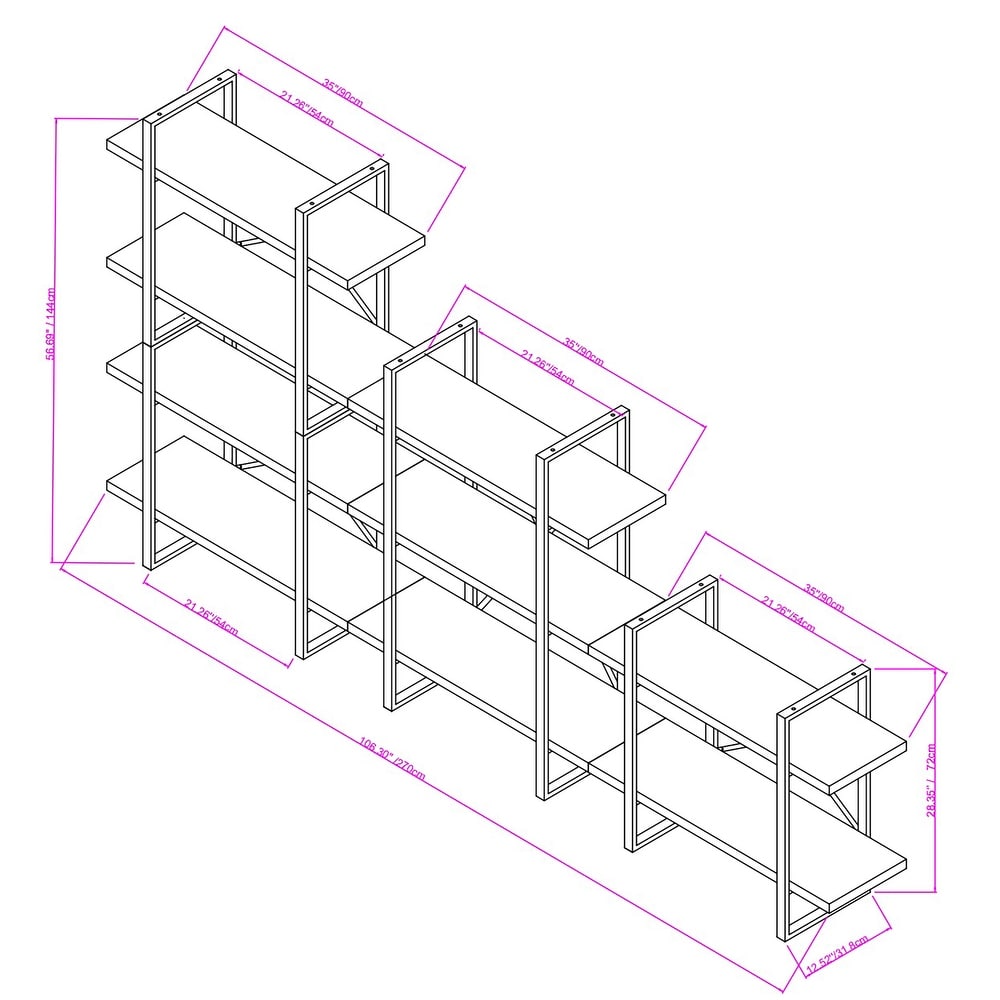 Salome Adjustable JD Walnut Wood and Metal Step Display and Steel Etagere Bookcase   Left   106.3'' x 56.59'' x 12.52''