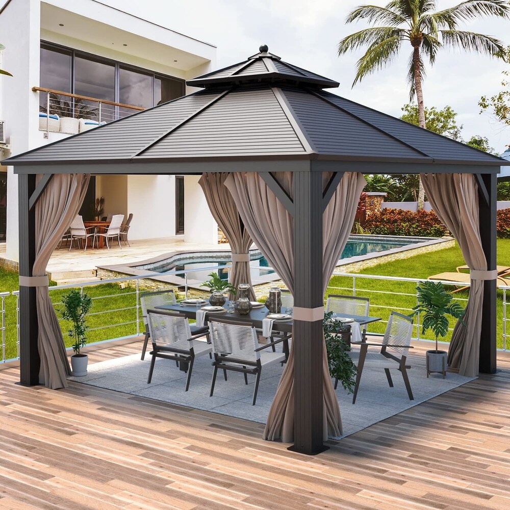 Outdoor Gazebo Pergola w Galvanized Steel Roof and Aluminum Frame  Prime Curtains   Netting Include