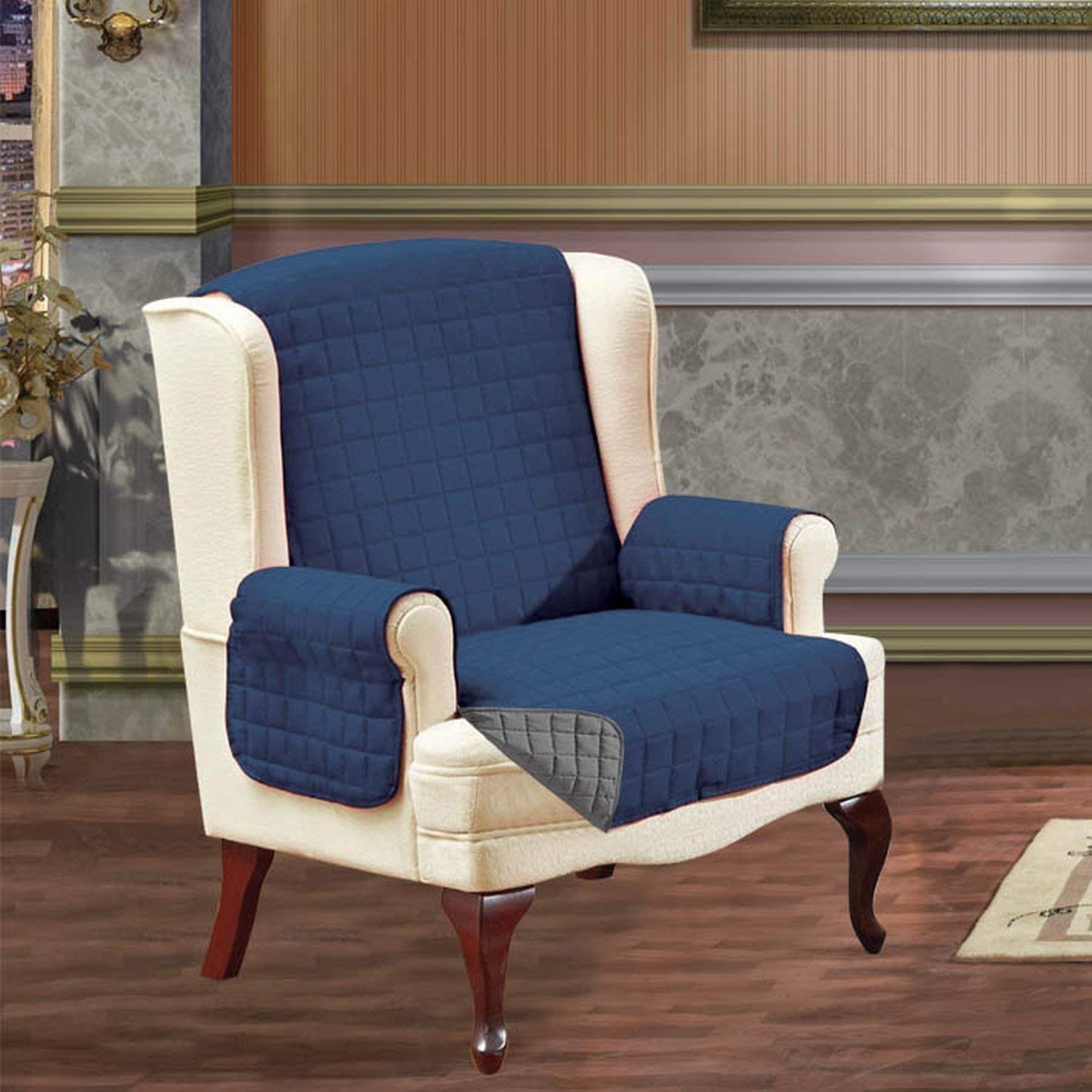 Reversible Couch Slipcover Furniture Protector Wing Chair, Navy Blue/Gray