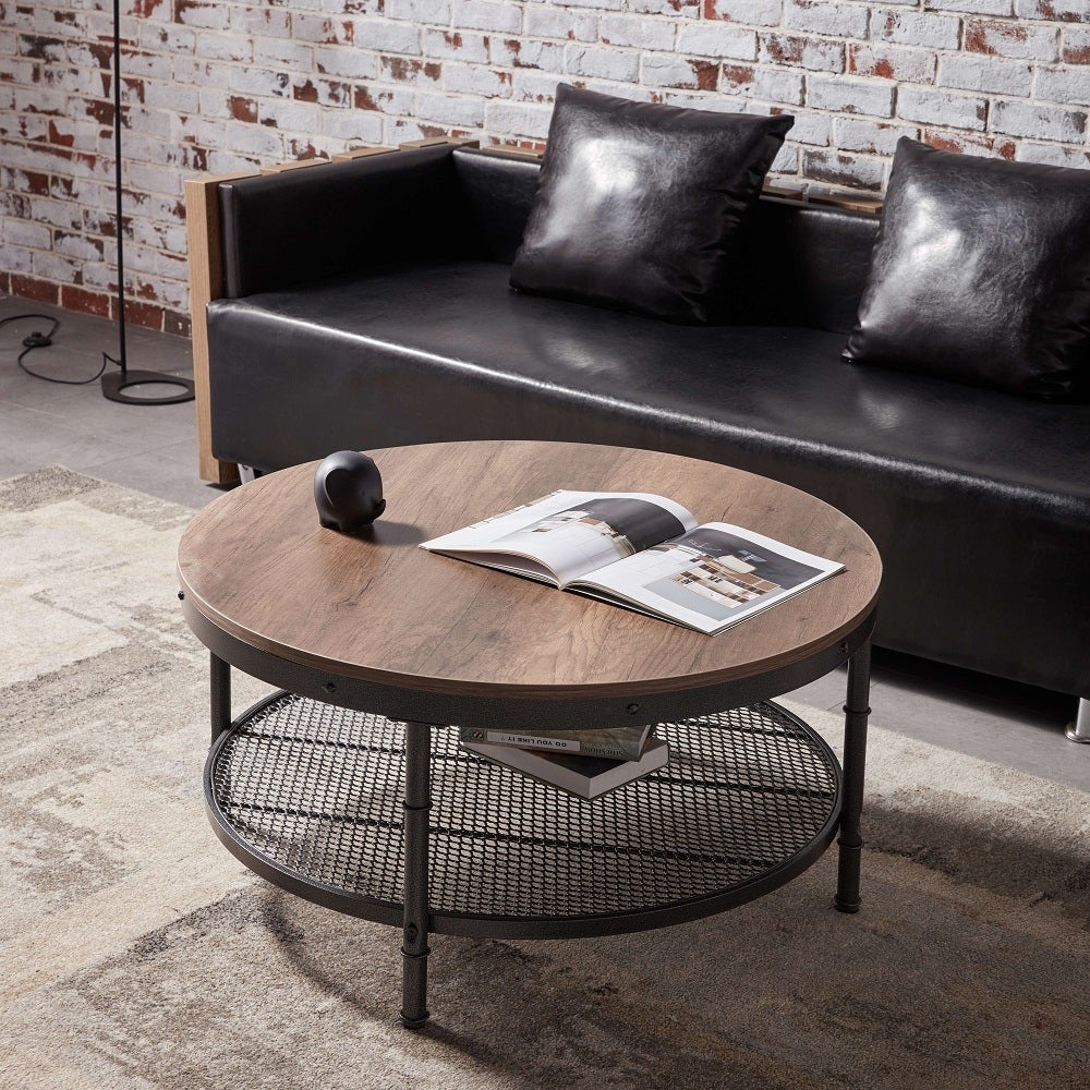 2-Tier Single Panel Round Coffee Table with Metal Frame and Mesh