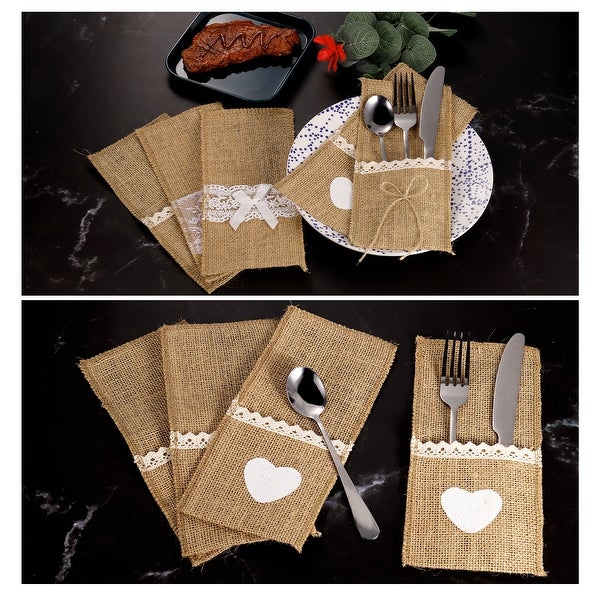 10Pcs Burlap Lace Utensil Holders Knife Fork Bag Cutlery Pouch for Wedding Party - Light Brown