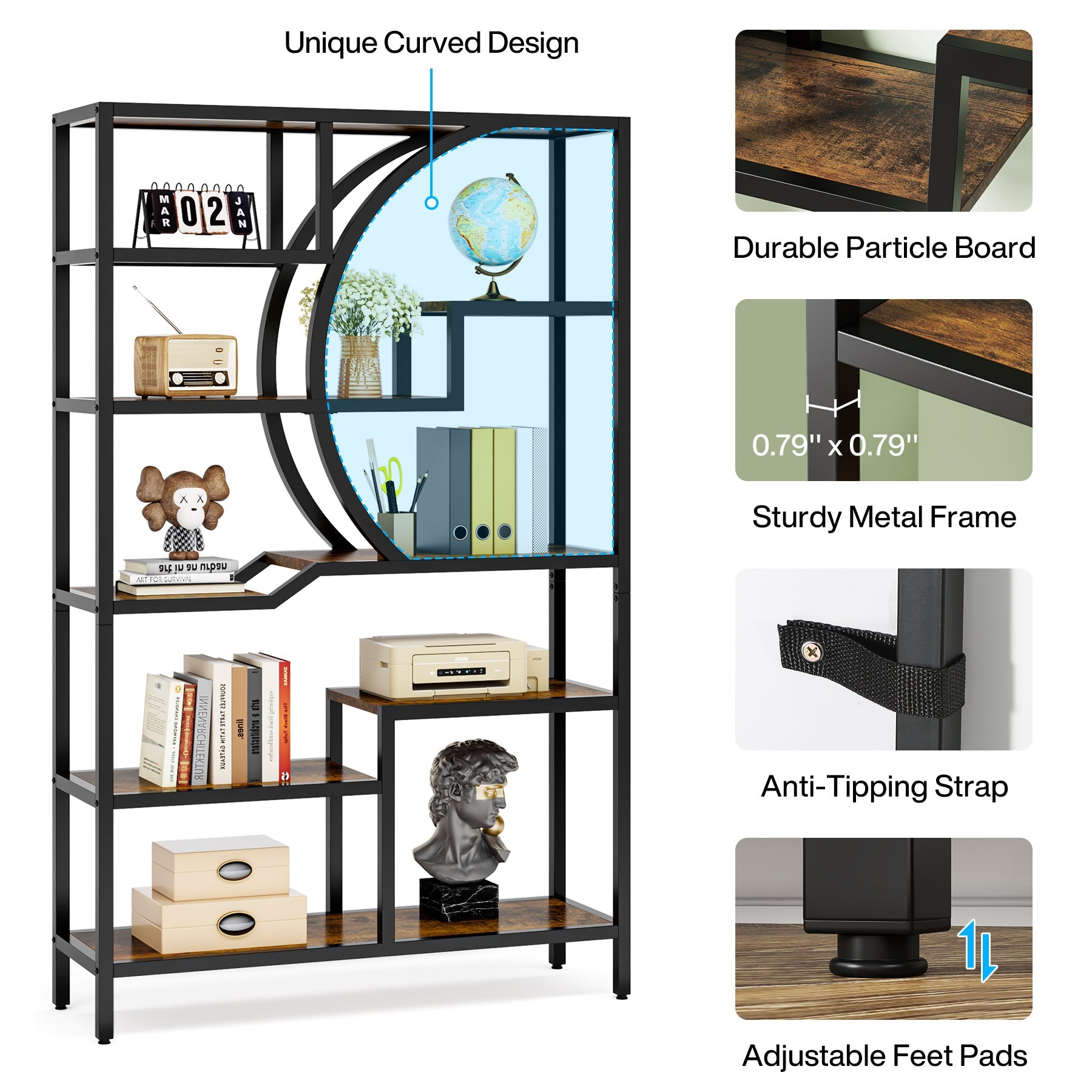 69 Tall  Bookshelf, Freestanding Etagere Bookcase Open Display Shelf