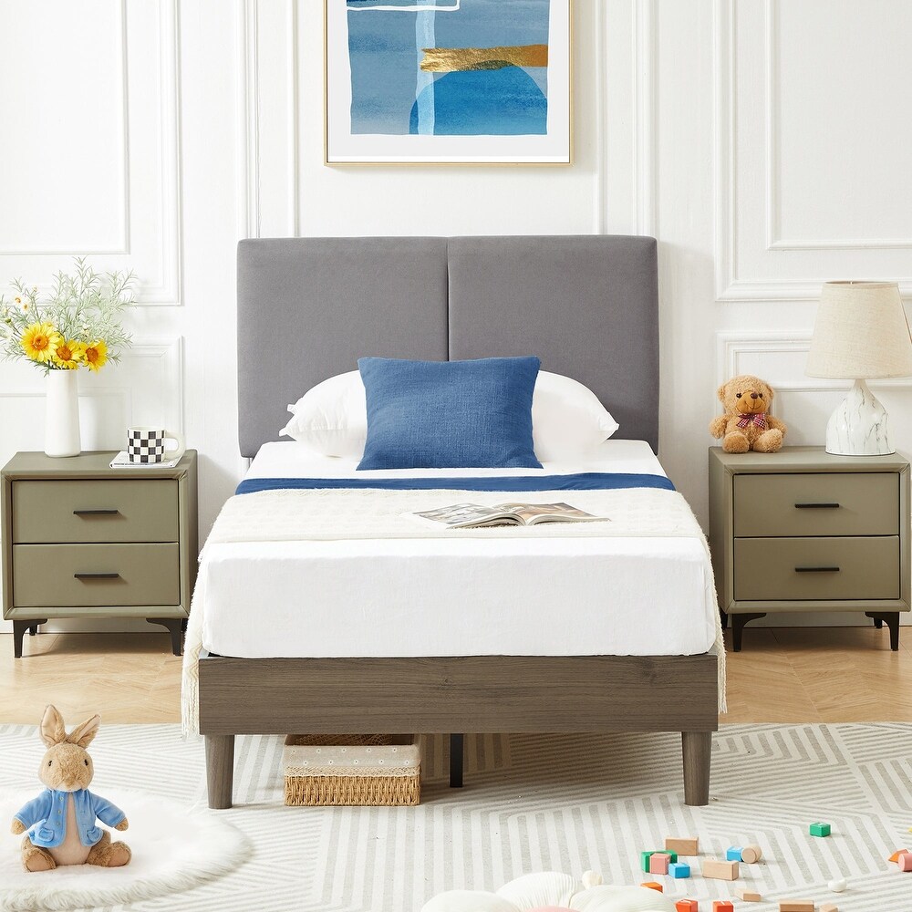 Javlergo Upholstered Bed Frame with Linen Fabric Adjustable Headboard  Strong Wood Slats Supports  No Box Spring Needed