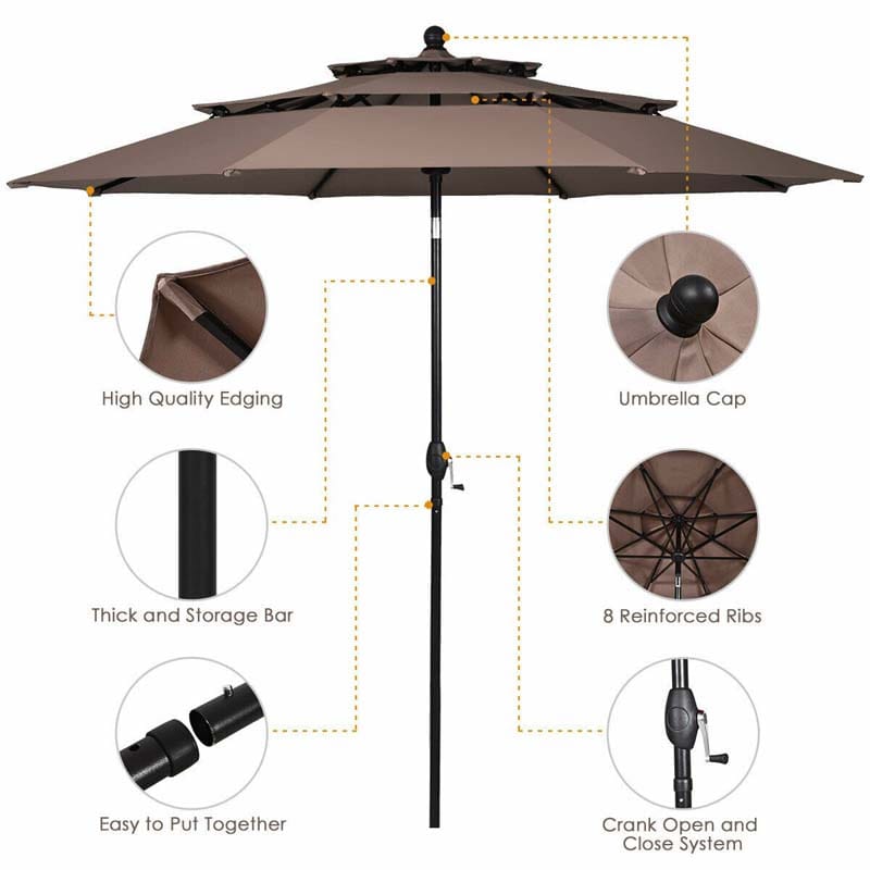 10 FT 3 Tiers Outdoor Patio Market Umbrella with Crank & Auto-tilt, Double Vented Table Umbrella for Pool Deck