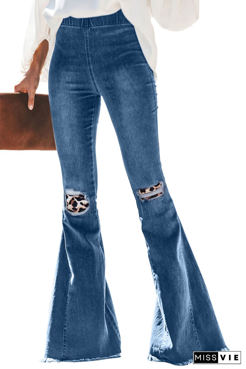 Leopard Patchwork Bell Bottom Jeans With Frayed Hem