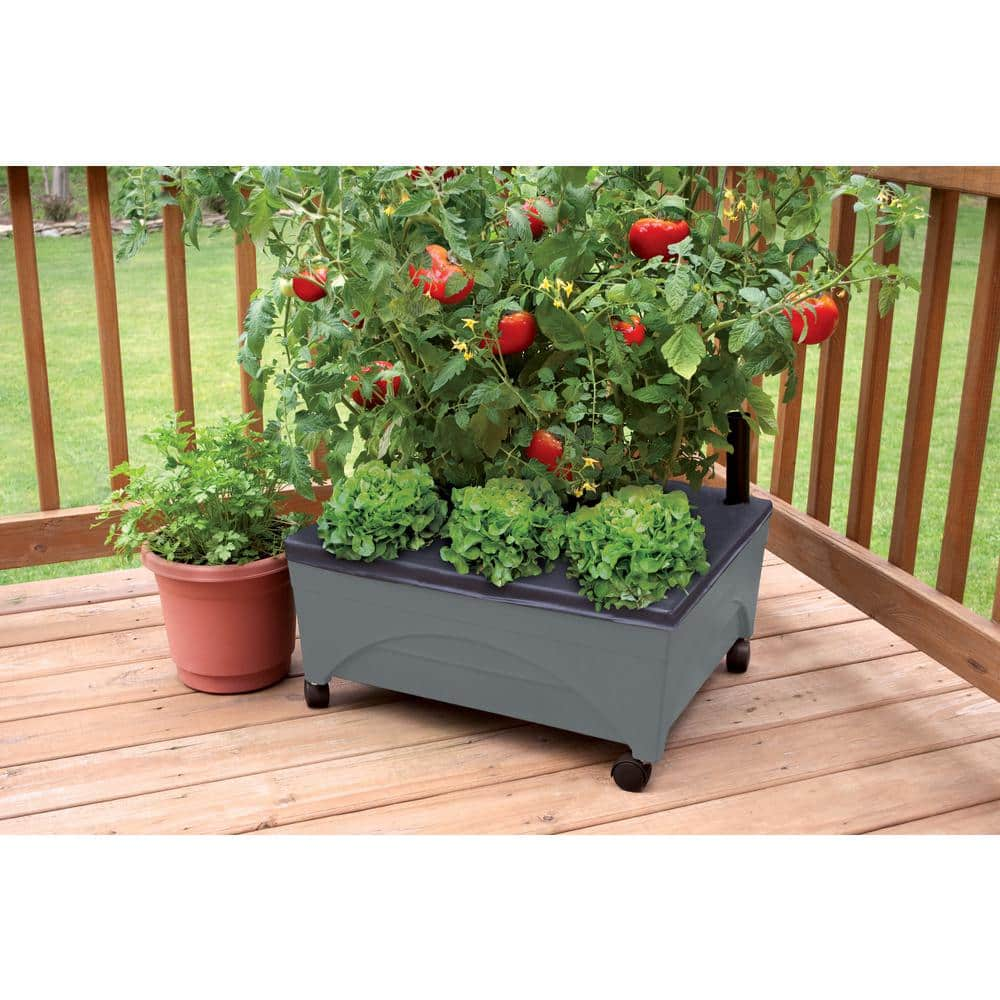 CITY PICKERS 24.5 in. x 20.5 in. Charcoal Gray Plastic Patio Raised Garden Bed Kit with Watering System and Casters 2346D