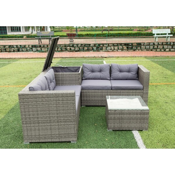 4 Piece Patio Sectional Wicker Rattan Outdoor Furniture Sofa Set with Storage Box