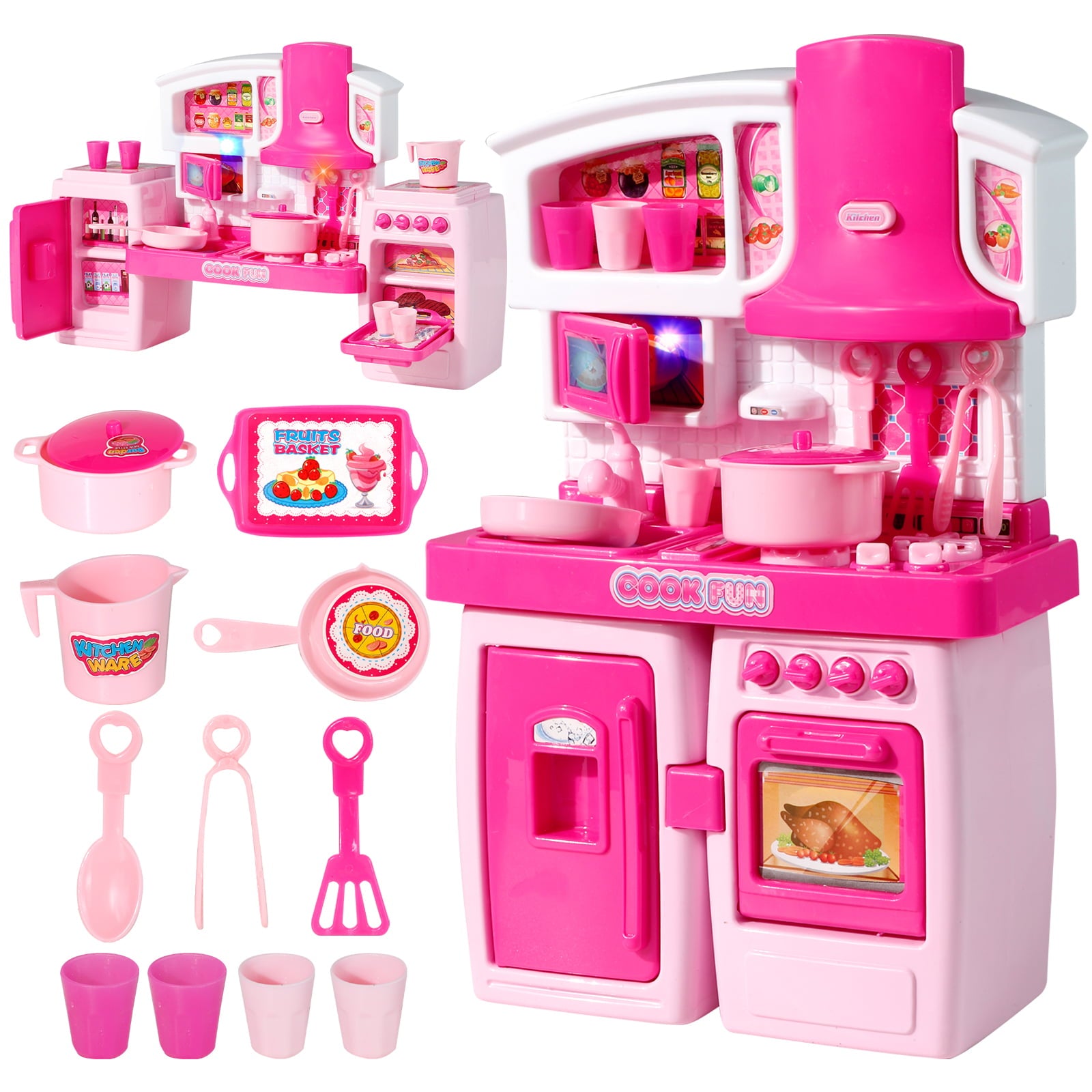 Play Kitchen Toys for Girls 3-6 Years Mini Oven Playset Pretend Food Cooking Pink Kitchen Toys for Toddlers Sounds and Light Stove (Miniature - Barbie doll Size)