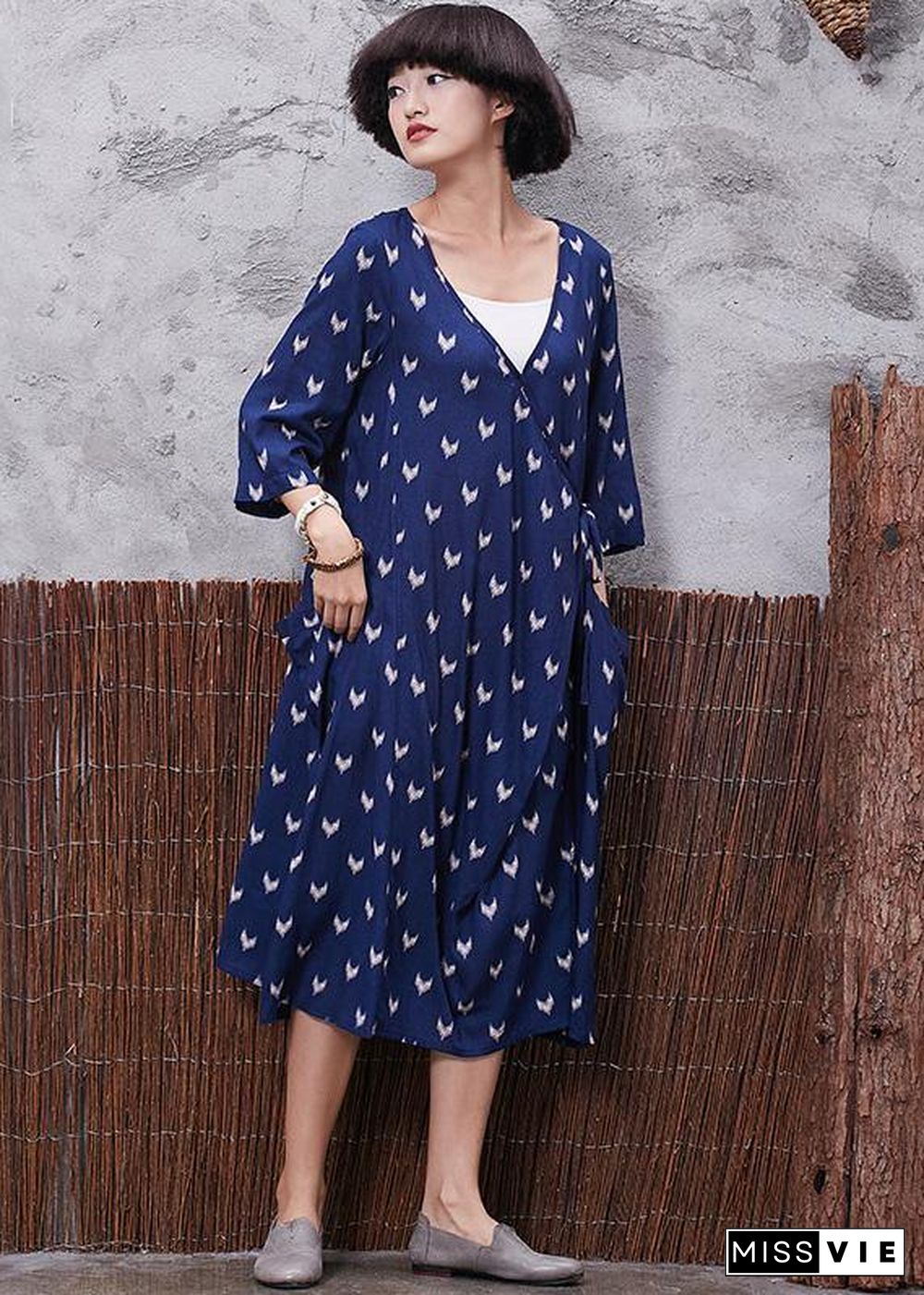 French blue prints v neck linen quilting clothes asymmetric tie cotton robes summer Dresses