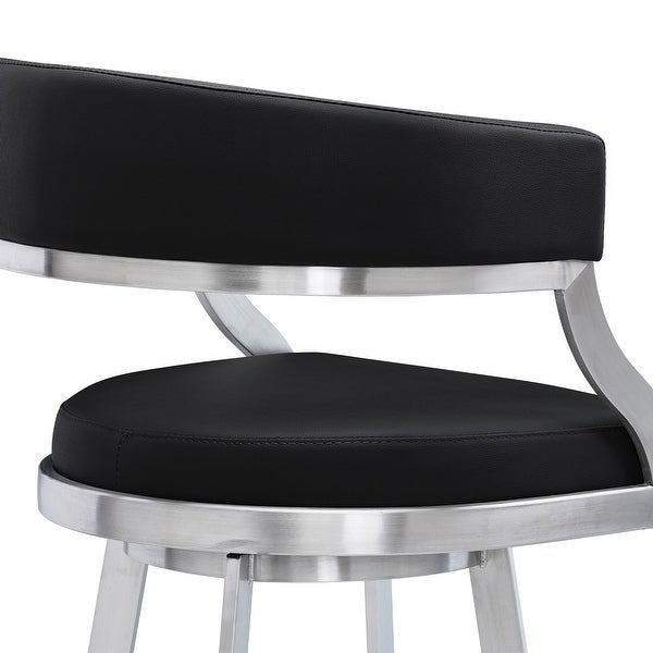 Armen Living Saturn Contemporary Barstool in Brushed Stainless Steel Finish and Black Faux Leather