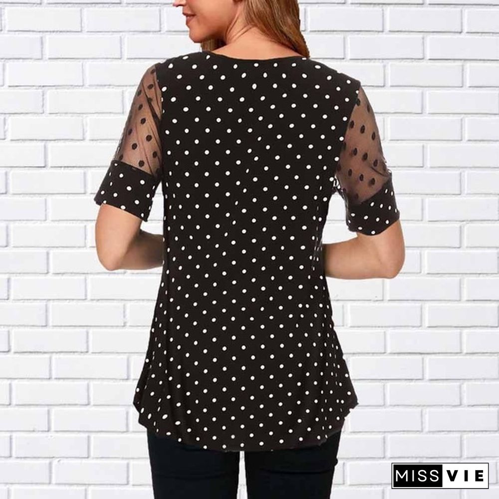 Women Polka Dot Mesh Patchwork Short Sleeve Blouse T Shirt Plus Size XS-8XL