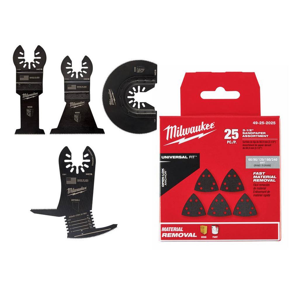 MW Oscillating Multi-Tool Wood  Drywall Cutting Blade Kit with 3-12 in. Triangle Sandpaper Variety Pack (29-Piece) 49-10-9004-49-25-2281-49-25-2025