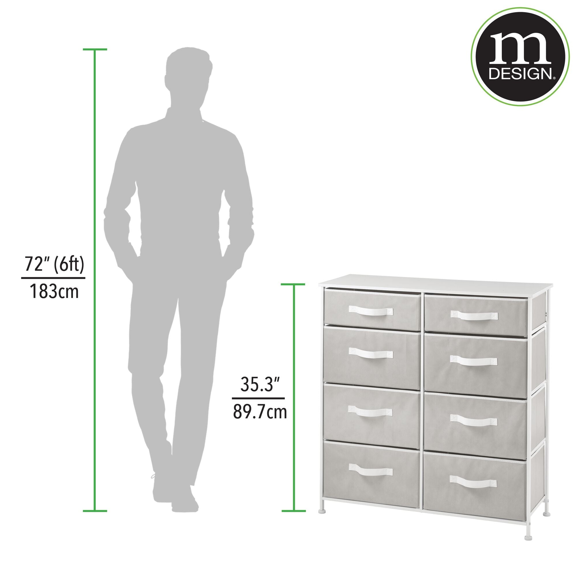 mDesign Tall Steel Frame/Wood Top Storage Dresser Furniture with 8 Slim Fabric Drawers, Large Bureau Organizer for Baby, Kid, Teen Bedroom, Nursery, Playroom, Dorm - Jane Collection, Light Gray/White