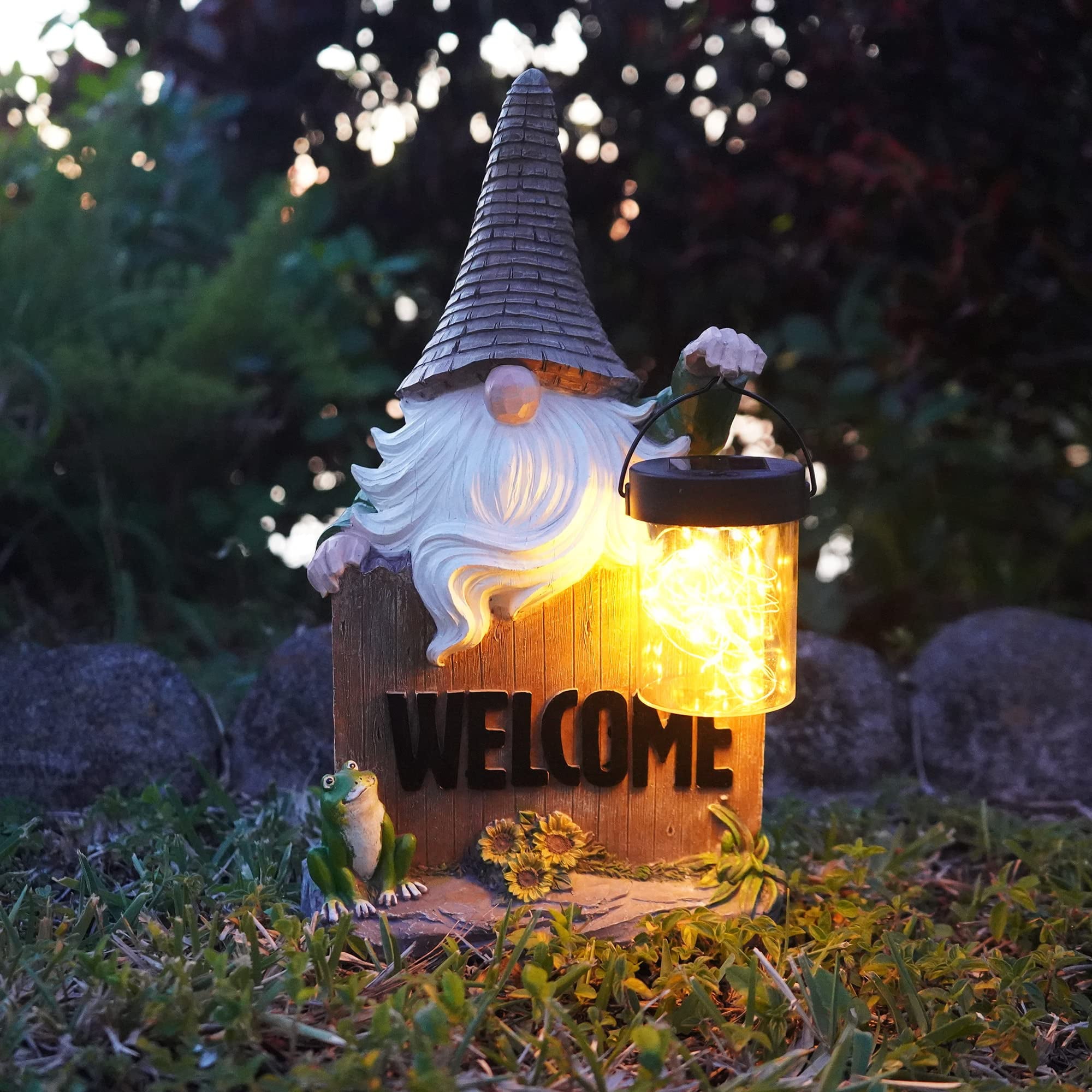 VP Home Welcome Gnome with Lantern and Frog Solar Powered LED Outdoor Decor Garden 13.5"H x 7.5"W x 4.5"D