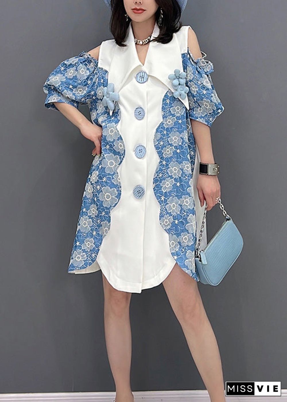 Cute Women Blue Peter Pan Collar Print Button Shirts Mid Dress Sleeve