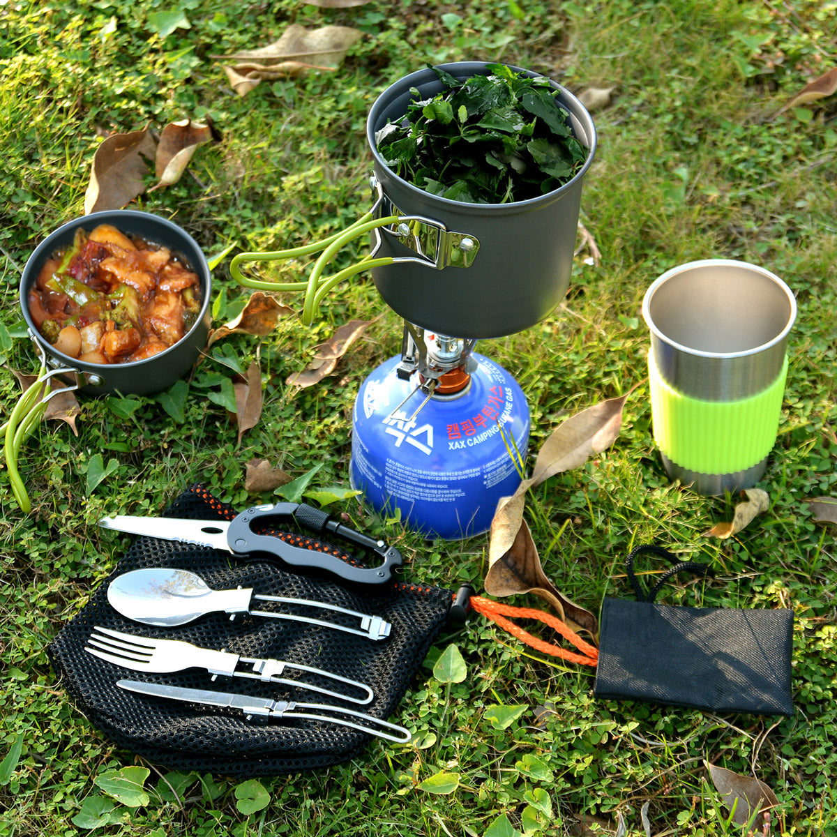 Odoland Camping Cookware Kit, Lightweight Portable Cookware Set with Water Cup, Fork Kit and Multi-functional Carabiner with Knife, Great for Backpacking, Outdoor Camping Hiking and Picnic