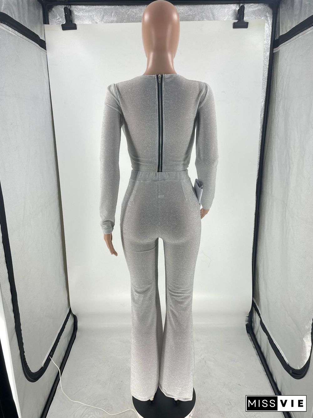 Sexy Zipper V-neck Flared Pants Pocket Stretch Two-piece Suit