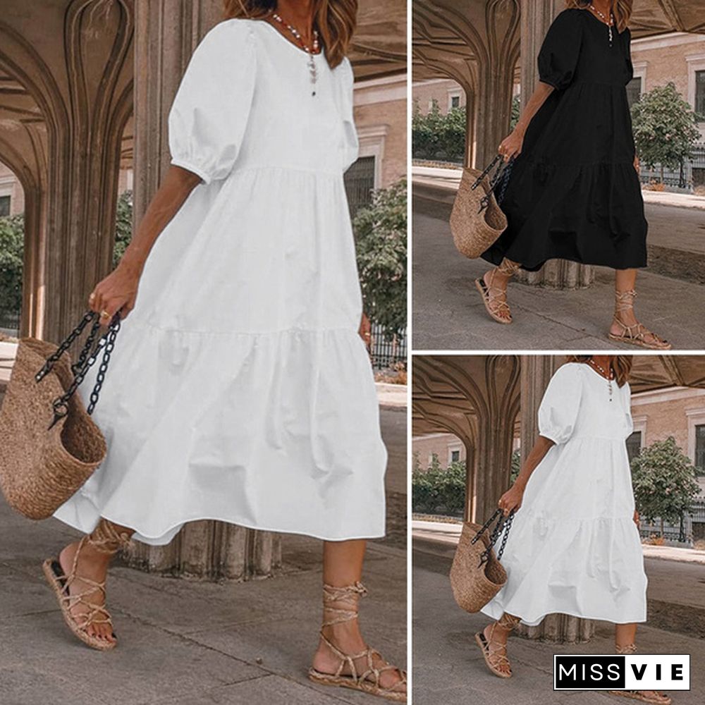 100% Cotton Women Puff Sleeve Party Long Dress Casual Loose Flare Holiday Dresses