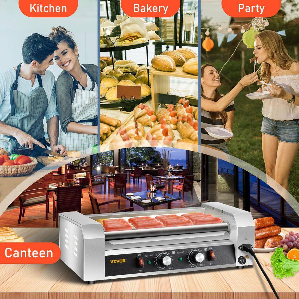 VEVOR Hot Dog Roller 12 Hot Dog 5 Rollers 750-Watt Stainless Steel Cook Warmer with Dual Temp Control Indoor Grills Silver GWGRGJBX5110VDRWBV1