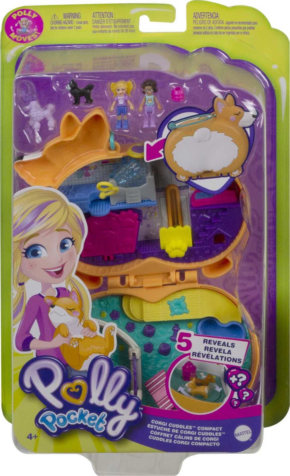 Polly Pocket Corgi Cuddles Compact Playset with 2 Micro Dolls and Accessories, Travel Toys