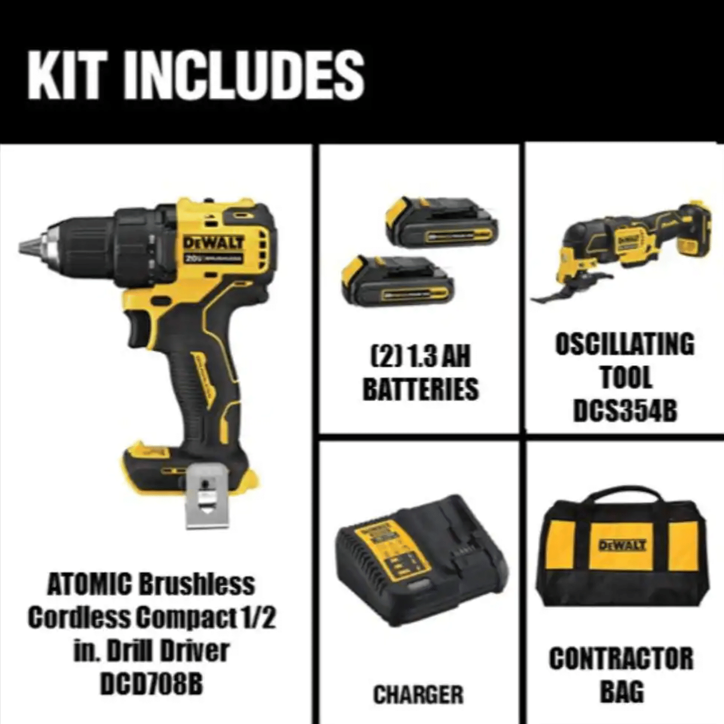 Dewalt Atomic 20v Max Cordless Brushless Compact 1/2 in. Drill/Driver， (2) 20V 1.3Ah Batteries and Oscillating Tool